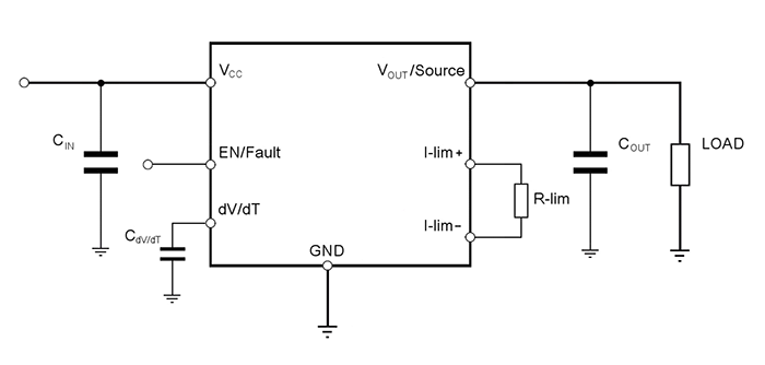 In the conventional wiring of the STEF033AJR, the resistor which establishes the limiting value, R-lim, is placed between two designated terminals. (Image source:  STMicroelectronics)